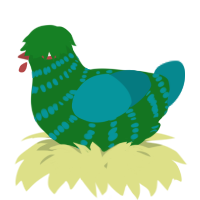 A leaf and teal chicken with a bar pattern