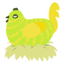Eazy Dance, a lime and yellow chicken with a bar pattern