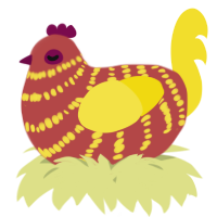A red and yellow chicken with a bar pattern