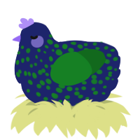 A navy and leaf chicken with a speckle pattern