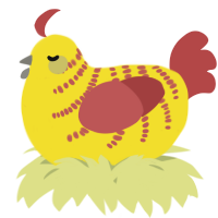 A yellow and red chicken with a half-bar pattern