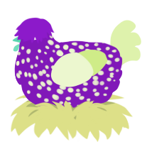 A violet and apple chicken with a speckle pattern