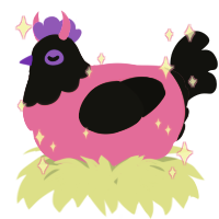 A pink and black chicken with a head pattern