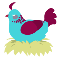 A aqua and maroon chicken with a neck-speckle pattern