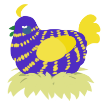 A indigo and yellow chicken with a bar pattern