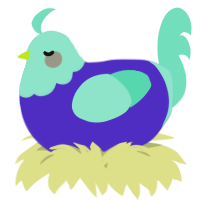 A indigo and mint chicken with a head pattern