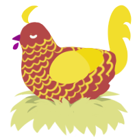 dog, a red and yellow chicken with a lace pattern