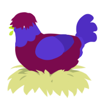 A wine and indigo chicken with a head pattern