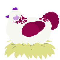 A white and maroon chicken with a neck-speckle pattern