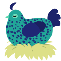 A turquoise and navy chicken with a speckle pattern