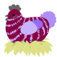 A maroon and lilac chicken with a bar pattern