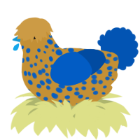 A gold and ultramarine chicken with a speckle pattern