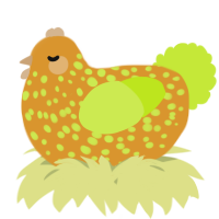 A orange and lime chicken with a speckle pattern