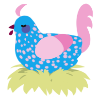 A sky and pink chicken with a speckle pattern