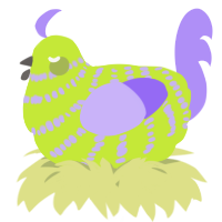 A lime and lilac chicken with a bar pattern