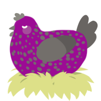 A plum and grey chicken with a speckle pattern