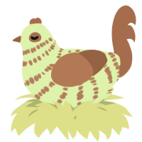 A apple and brown chicken with a bar pattern