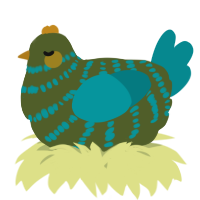 A olive and teal chicken with a bar pattern