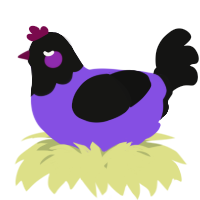 A blurple and black chicken with a head pattern