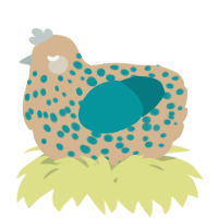 A beige and teal chicken with a speckle pattern