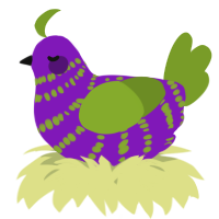 A violet and chartreuse chicken with a bar pattern