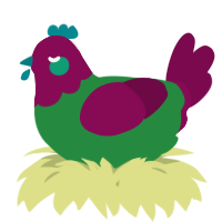 A viridian and wine chicken with a head pattern