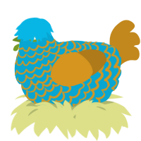 A cerulean and ochre chicken with a lace pattern