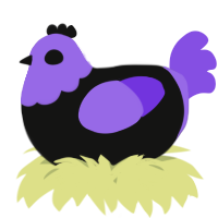 A black and blurple chicken with a head pattern
