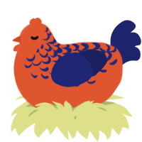 A vermilion and navy chicken with a half-lace pattern