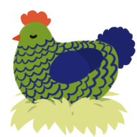 A chartreuse and navy chicken with a lace pattern