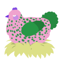 A pink and viridian chicken with a speckle pattern