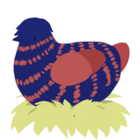 A navy and red chicken with a bar pattern
