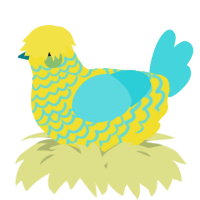 A yellow and aqua chicken with a lace pattern