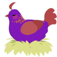 A violet and red chicken with a neck-speckle pattern