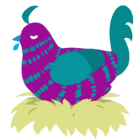 A plum and teal chicken with a bar pattern