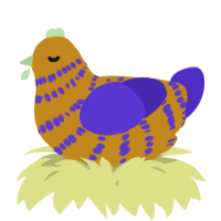 A ochre and indigo chicken with a bar pattern