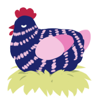 A navy and pink chicken with a bar pattern