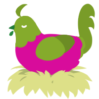 A fuchsia and chartreuse chicken with a head pattern