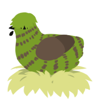 A chartreuse and bark chicken with a bar pattern