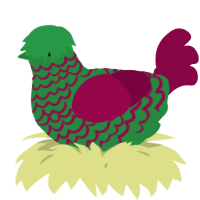 A viridian and maroon chicken with a lace pattern