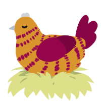 A orange and maroon chicken with a bar pattern