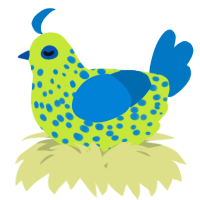 A lime and sapphire chicken with a speckle pattern