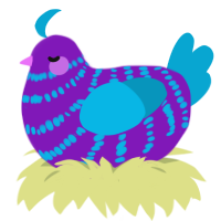 boing boing, a violet and cerulean chicken with a bar pattern