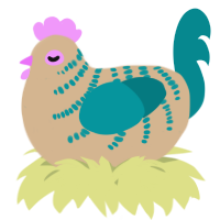 A beige and teal chicken with a half-bar pattern