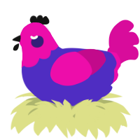 A indigo and fuchsia chicken with a head pattern