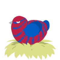 A crimson and ultramarine chicken with a bar pattern