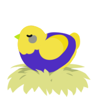 A indigo and yellow chicken with a head pattern
