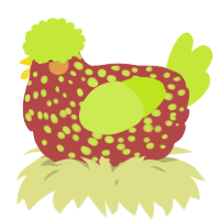 A red and lime chicken with a speckle pattern