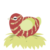 A red and lemon chicken with a bar pattern