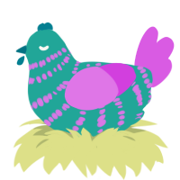 A turquoise and orchid chicken with a bar pattern